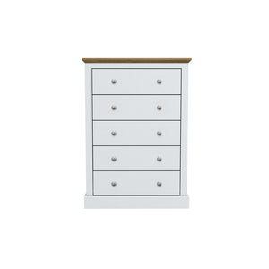 Devon 5 Drawer Chest White LPD DEV5DRWHI 5036464068626 Particle Board Colour: White Dimensions: 1119mm x 790mm x 395mm Introducing the Devon range of furniture. This bedroom range offers a traditional design. The Devon range comes in three stunning finishes. Oak/white, oak/charcoal and oak. This extensive range offers a timeless elegance to any home and at an extremely affordable price.
