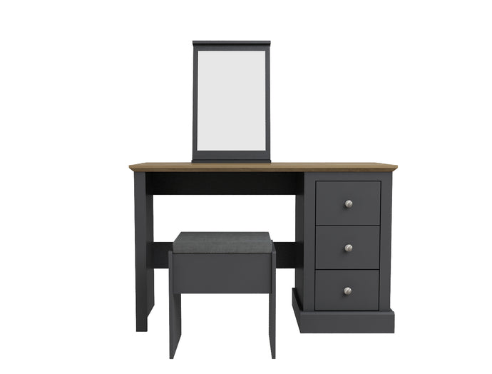 Devon Dressing Table Set Charcoal LPD DEVDRESSCHA 5036464068817 Particle Board Colour: Charcoal Dimensions: 760mm x 1119mm x 460mm Introducing the Devon range of furniture. This bedroom range offers a traditional design. The Devon range comes in three stunning finishes. Oak/white, oak/charcoal and oak. This extensive range offers a timeless elegance to any home and at an extremely affordable price.