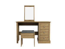 Load image into Gallery viewer, Devon Dressing Table Set Oak LPD DEVDRESSOAK 5036464068800 Particle Board Colour: Oak Dimensions: 760mm x 1119mm x 460mm Introducing the Devon range of furniture. This bedroom range offers a traditional design. The Devon range comes in three stunning finishes. Oak/white, oak/charcoal and oak. This extensive range offers a timeless elegance to any home and at an extremely affordable price.