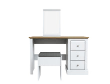 Load image into Gallery viewer, Devon Dressing Table Set White LPD DEVDRESSWHI 5036464068794 Particle Board Colour: White Dimensions: 760mm x 1119mm x 460mm Introducing the Devon range of furniture. This bedroom range offers a traditional design. The Devon range comes in three stunning finishes. Oak/white, oak/charcoal and oak. This extensive range offers a timeless elegance to any home and at an extremely affordable price.