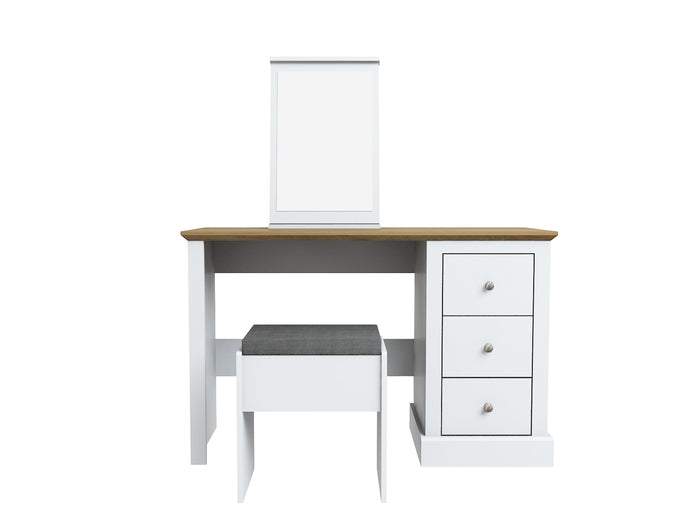 Devon Dressing Table Set White LPD DEVDRESSWHI 5036464068794 Particle Board Colour: White Dimensions: 760mm x 1119mm x 460mm Introducing the Devon range of furniture. This bedroom range offers a traditional design. The Devon range comes in three stunning finishes. Oak/white, oak/charcoal and oak. This extensive range offers a timeless elegance to any home and at an extremely affordable price.