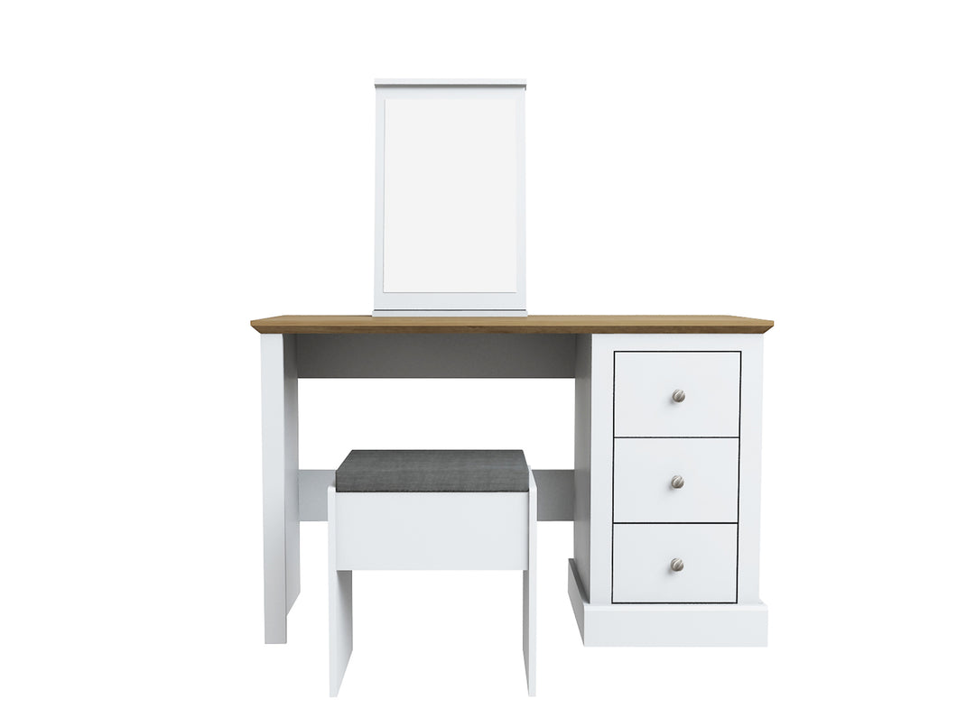 Devon Dressing Table Set White LPD DEVDRESSWHI 5036464068794 Particle Board Colour: White Dimensions: 760mm x 1119mm x 460mm Introducing the Devon range of furniture. This bedroom range offers a traditional design. The Devon range comes in three stunning finishes. Oak/white, oak/charcoal and oak. This extensive range offers a timeless elegance to any home and at an extremely affordable price.