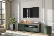 Load image into Gallery viewer, Evora 40 TV Cabinet Arte-N 24ZRJU40 The Evora 40 TV Cabinet is a beautifully crafted, practical functional piece of furniture. Finished in a classic Oak Lefkas with stylish green, it has clean lines, built-in cable management system, ample storage space. The cabinet embodies both quality elegance. W181cm x H61cm x D49cm Colours: Green Oak Lefkas Abisko Oak Oak Lefkas Max Weight limit on Top - 40kg One Hinged Door One Drawer - Max weight limit - 7kg LED Lighting - Optional Cable Management One Open Storage C