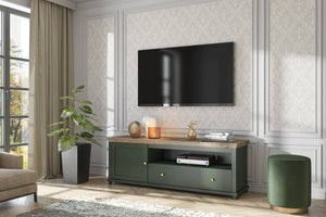 Evora 40 TV Cabinet Arte-N 24ZRJU40 The Evora 40 TV Cabinet is a beautifully crafted, practical functional piece of furniture. Finished in a classic Oak Lefkas with stylish green, it has clean lines, built-in cable management system, ample storage space. The cabinet embodies both quality elegance. W181cm x H61cm x D49cm Colours: Green Oak Lefkas Abisko Oak Oak Lefkas Max Weight limit on Top - 40kg One Hinged Door One Drawer - Max weight limit - 7kg LED Lighting - Optional Cable Management One Open Storage C
