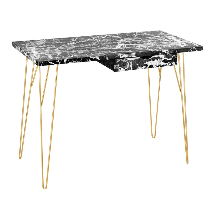 Fusion Desk Black Marble LPD FUSDESKBLA* 5036464074122 Colour: Black Dimensions: 750mm x 1000mm x 500mm Add a statement piece to your home with our faux marble Fusion range. The contrasting finish of the wood / faux marble against the shiny gold legs is sure to create a visual focal point. Available in oak top, black faux marble, white marble and complete with en-trend gold hairpin legs