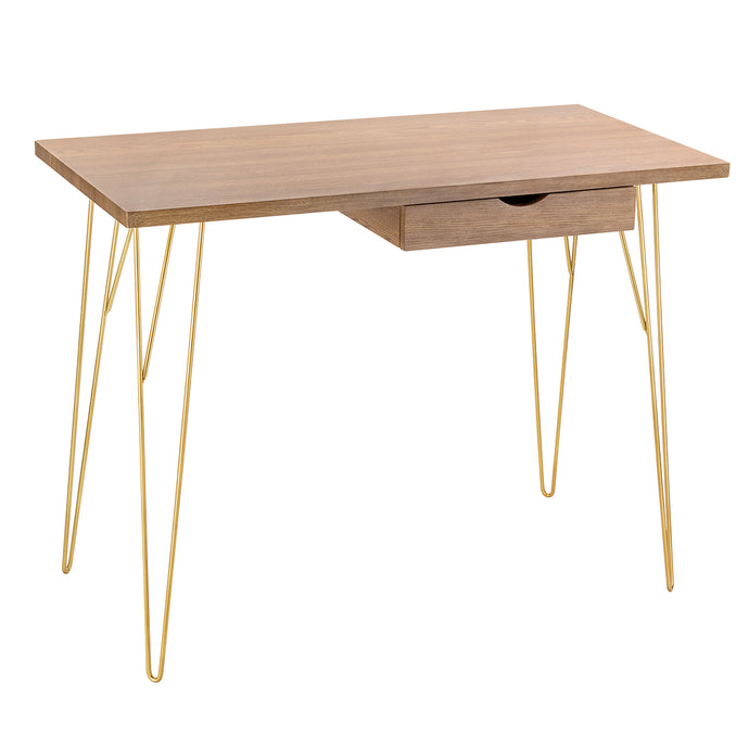 Fusion Desk Oak LPD FUSDESKWOOD* 5036464074146 Colour: Wood Dimensions: 750mm x 1000mm x 500mm Add a statement piece to your home with our faux marble Fusion range. The contrasting finish of the wood / faux marble against the shiny gold legs is sure to create a visual focal point. Available in oak top, black faux marble, white marble and complete with en-trend gold hairpin legs