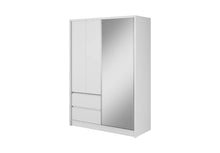 Load image into Gallery viewer, Sara Sliding Door Wardrobe 154cm Arte-N SARA-150-W The medium-sized version of the Sara wardrobe that maximizes its internal storage capacity with a segregated layout. On one side, you will find a pristine, mirrored door with two compartments behind it a hanging section. The other side features four shelves two practical drawers. This wardrobe comes in three different colours. W154cm x H214cm x D62cm One Sliding Door Two Hinged Doors Mirror Hanging Rail Two Drawers Six Shelves ABS Edging Made from 16mm high