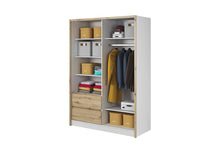 Load image into Gallery viewer, Sara Sliding Door Wardrobe 154cm Arte-N SARA-150-W The medium-sized version of the Sara wardrobe that maximizes its internal storage capacity with a segregated layout. On one side, you will find a pristine, mirrored door with two compartments behind it a hanging section. The other side features four shelves two practical drawers. This wardrobe comes in three different colours. W154cm x H214cm x D62cm One Sliding Door Two Hinged Doors Mirror Hanging Rail Two Drawers Six Shelves ABS Edging Made from 16mm high