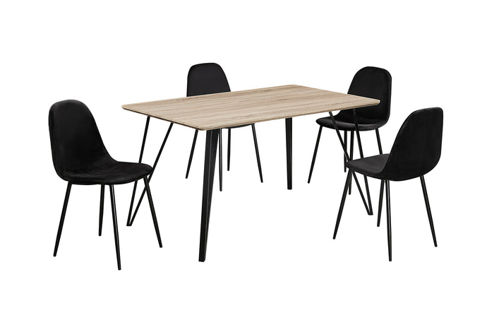 Genoa Dining Set LPD GENOATAB* 5036464065854 Colour: Oak Dimensions: 750mm x 1400mm x 800mm Made with a light oak effect the Genoa is a perfect statement piece for your dining table which will work all year round and never go out of style. The large top is ideal for hosting dinner parties and family meals without worrying about space. The dark oak effect of the Genoa stands out against the black metal legs so it will always look appealing against your interior and will not be missed by a single eye!