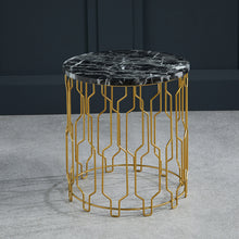 Load image into Gallery viewer, Grace End Table Black Marble LPD GRACEENDBLA 5036464074108 Colour: Black Dimensions: 420mm x 390mm x 390mm Featuring a sophisticated round black marble effect top and an eclectic gold base in a geometric pattern, the Grace table would be a great asset to your living area. Practical as well as chic, this will work in a traditional home but then also a more of a contemporary interior too!