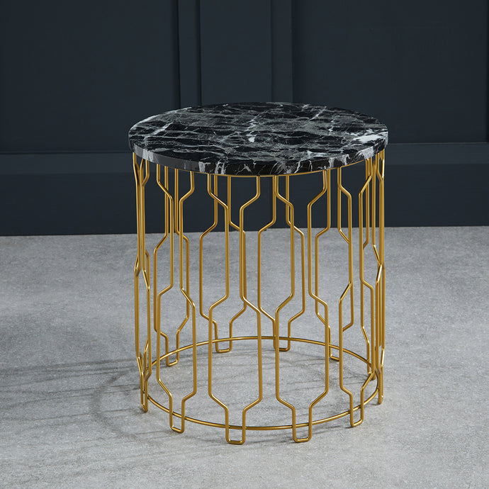 Grace End Table Black Marble LPD GRACEENDBLA 5036464074108 Colour: Black Dimensions: 420mm x 390mm x 390mm Featuring a sophisticated round black marble effect top and an eclectic gold base in a geometric pattern, the Grace table would be a great asset to your living area. Practical as well as chic, this will work in a traditional home but then also a more of a contemporary interior too!