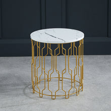 Load image into Gallery viewer, Grace End Table White Marble LPD GRACEENDWHI 5036464074115 Colour: White Dimensions: 420mm x 390mm x 390mm Featuring a fresh, crisp round white marble effect top and an eclectic gold base in a geometric pattern, the Grace table would be a great asset to your living area. Practical as well as chic, this will work in a traditional home but then also a more of a contemporary interior too!