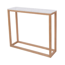 Load image into Gallery viewer, Harlow Console Table Oak-White Marble Top LPD HARLCONS 5036464063614 Solid Oak Colour: White Dimensions: 750mm x 250mm x 900mm This console table features an on-trend marble top with a unique, solid oak leg base creating a box effect. Oozing modernity, the Harlow is perfect for getting guests talking as soon as they enter your hallway. Emphasise further by adding prints, photos or plants to create a contemporary focal point.