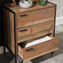 Load image into Gallery viewer, Hoxton 3 Drawer Chest Distressed Oak Effect LPD HOXTON3DR 5036464061634 Wood Effect Colour: Wood Dimensions: 800mm x 638mm x 400mm Stylish and affordable, this bedroom range radiates industrial chic. The range comprises wardrobes, a bed, chest of drawers, dressing table and bedside. The Hoxton range offers the perfect solution for those wanting to inject some contemporary industrial style chic into their homes. Shown with this range is our Halston metal bedframe available in 2 colours and 3 sizes.