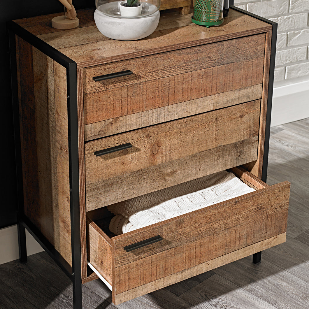 Hoxton 3 Drawer Chest Distressed Oak Effect LPD HOXTON3DR 5036464061634 Wood Effect Colour: Wood Dimensions: 800mm x 638mm x 400mm Stylish and affordable, this bedroom range radiates industrial chic. The range comprises wardrobes, a bed, chest of drawers, dressing table and bedside. The Hoxton range offers the perfect solution for those wanting to inject some contemporary industrial style chic into their homes. Shown with this range is our Halston metal bedframe available in 2 colours and 3 sizes.