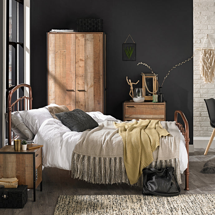 Hoxton 3 Piece Bedroom Set Distressed Oak Effect LPD HOXTON* 5036464073576 Wood Effect Colour: Wood Dimensions: 1800mm x 838mm x 520mm Stylish and affordable, this bedroom range radiates industrial chic. The range comprises wardrobes, a bed, chest of drawers, dressing table and bedside. The Hoxton range offers the perfect solution for those wanting to inject some contemporary industrial style chic into their homes. Shown with this range is our Halston metal bedframe available in 2 colours and 3 sizes.
