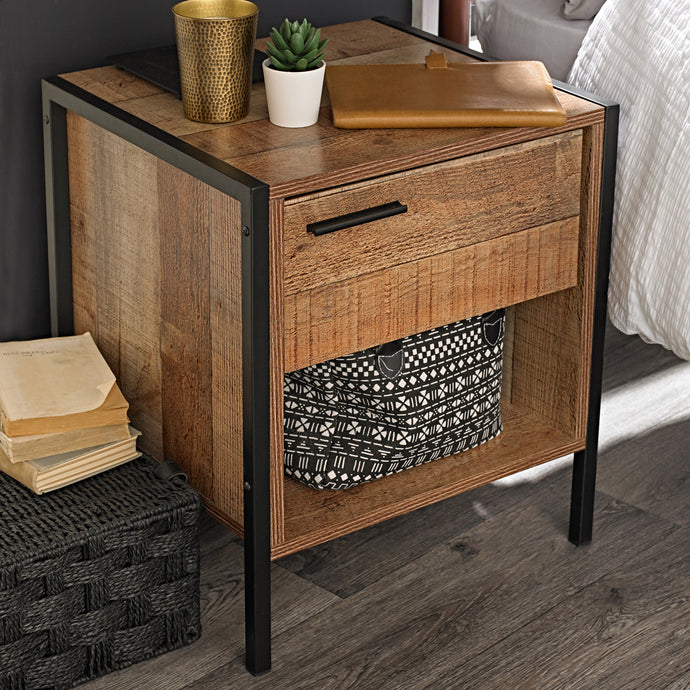 Hoxton Bedside Cabinet Distressed Oak Effect LPD HOXTONCAB 5036464061627 Wood Effect Colour: Wood Dimensions: 500mm x 438mm x 400mm Stylish and affordable, this bedroom range radiates industrial chic. The range comprises wardrobes, a bed, chest of drawers, dressing table and bedside. The Hoxton range offers the perfect solution for those wanting to inject some contemporary industrial style chic into their homes. Shown with this range is our Halston metal bedframe available in 2 colours and 3 sizes.