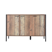 Load image into Gallery viewer, Hoxton Sideboard 3 Door LPD HOXSIDE 5036464063416 Wood Effect Colour: Wood Dimensions: 800mm x 1166mm x 400mm Stylish and affordable, this living range simply radiates industrial chic. The Hoxton range the perfect solution for those wanting to inject some contemporary industrial chic into their homes, without paying a small fortune for the privilege. Vintage plank effect wood with black metal frames.