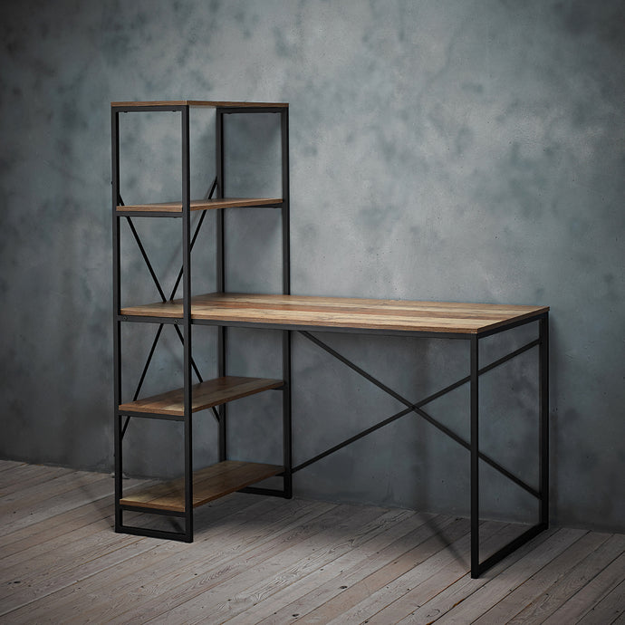Hoxton Workstation LPD HOXTONWORK 5036464072180 Particle Board Colour: Wood Dimensions: 1450mm x 1300mm x 700mm Industrial chic at its finest, the ever so fashionable Hoxton workstation is simple yet effective. With metal black legs and a contrasting oak effect tabletop, this is ideal for working from home. Featuring four useful shelves at the end of the desk, this is great for storage of all your files or even for decorations to make your space more personal. Its large surface area is practical whilst the 