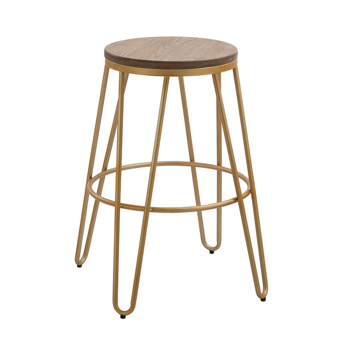 Ikon Wood Seat With Gold Effect Hairpin Legs Bar Stool LPD IKONGOLD 5036464063850 Metal Colour: Gold Dimensions: 760mm x 475mm x 455mm These bar stools are perfect for anyone wanting to inject a little industrial chic to their kitchen area. Solid wood seat with metal hairpin design leg in a choice of black or gold paint finish.