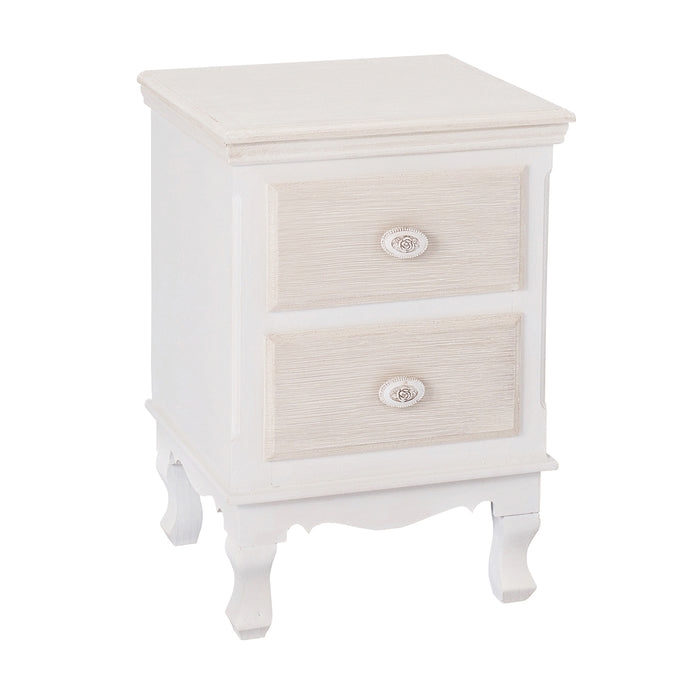 Juliette 2 Drawer Bedside Cabinet LPD JULIETCAB 5036464024165 MDF Colour: Cream Dimensions: 530mm x 370mm x 335mm Bring the vintage style of the Juliette bedside table into your boudoir for the ultimate luxurious interior. Comprised of 2 oak drawers set in a soft white carcass, a distressed effect wooden top and drawer fronts, and accented with a delicate rose embossing on the single, cream knobs. Team this with other key items from the Juliette Range to create a beautiful, shabby chic arrangement with all 