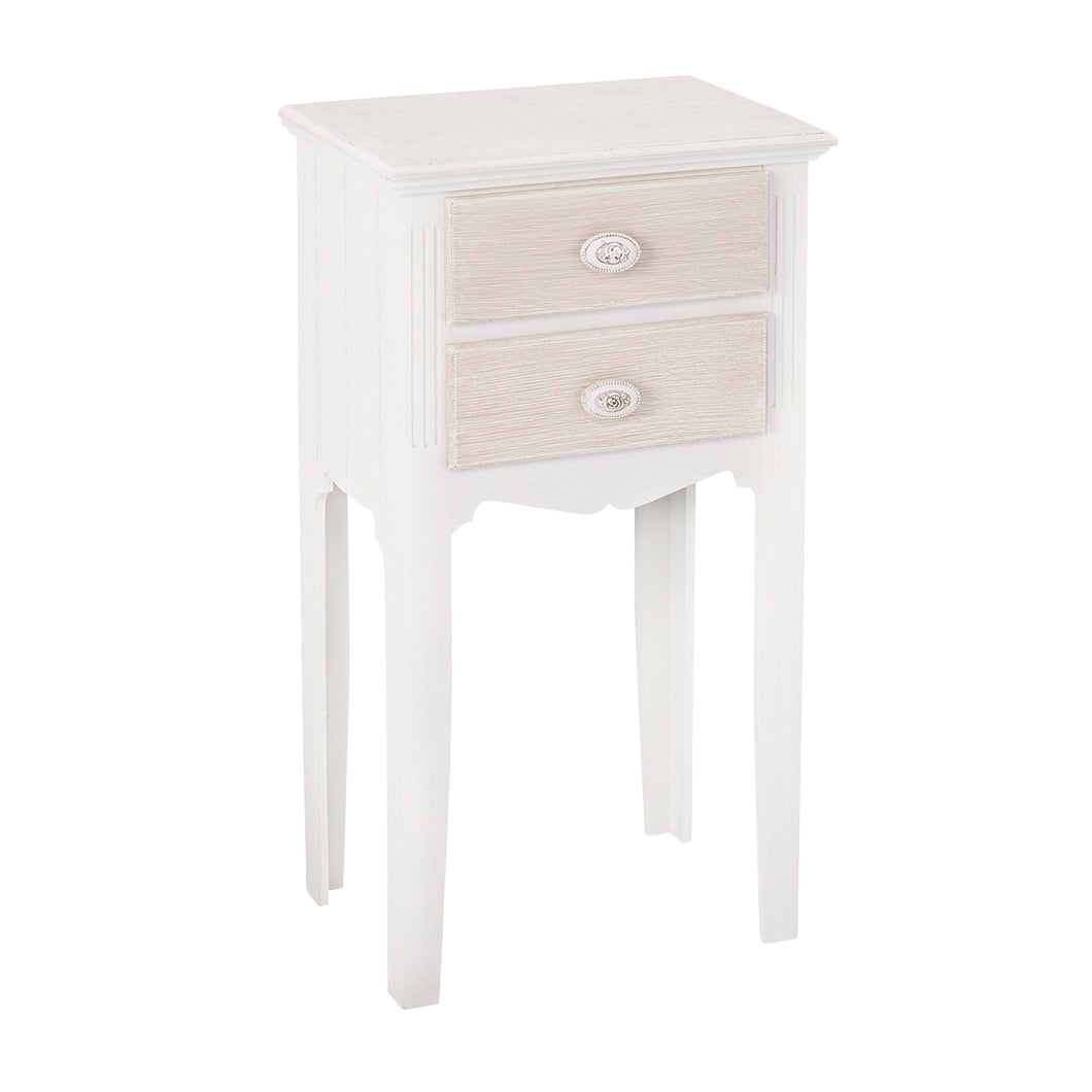 Juliette 2 Drawer Bedside Table LPD JULIET2DRTAB 5036464024158 MDF Colour: Cream Dimensions: 690mm x 380mm x 280mm Bring the vintage style of the Juliette bedside table into your boudoir for the ultimate luxurious interior. Comprised of 2 oak drawers set in a soft white carcass, a distressed effect wooden top and drawer fronts, and accented with a delicate rose embossing on the single, cream knobs. Team this with other key items from the Juliette Range to create a beautiful, shabby chic arrangement with all