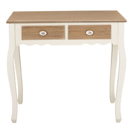 Juliette Console Table with Drawers LPD JULIETCONS 5036464024035 Colour: Cream Dimensions: 750mm x 800mm x 400mm Bring the vintage style of the Juliette Console Table into any space for the ultimate luxurious interior. Comprised of 2 oak drawers set on soft cream legs, a distressed effect wooden top and drawer fronts, and accented with a delicate rose embossing on the single, cream knobs and table apron. Team this with other key items from the Juliette Range to create a beautiful, shabby chic arrangement wi