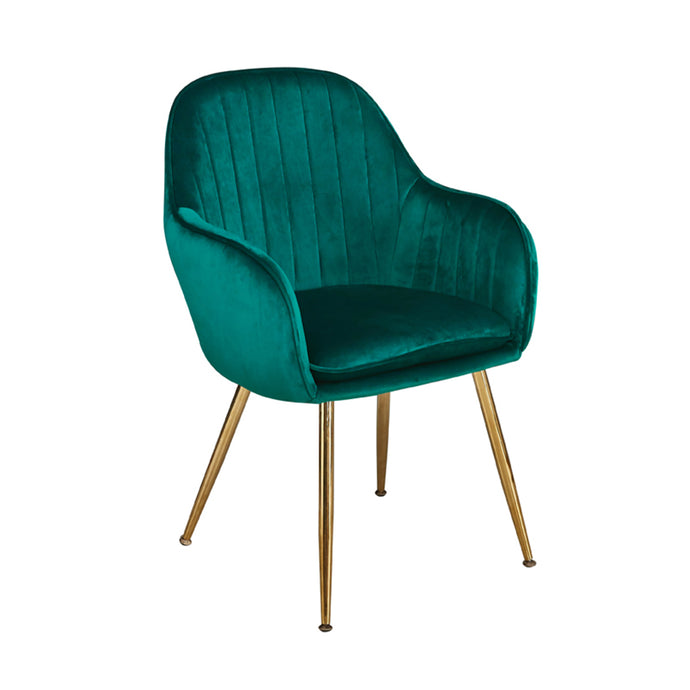 Lara Dining Chair Forest Green With Gold Legs ((Pack of 2) LPD LARACHAGRE 5036464063225 Velvet Colour: Green Dimensions: 845mm x 590mm x 570mm LPD Furniture's plush velvet Lara chair in Forest Green with gold effect legs create an opulent design perfect for pairing with our Capri table. The simple yet effective stitched design creates an exquisite, high end finish.
