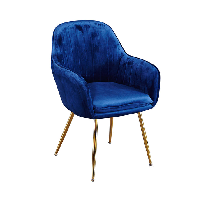 Lara Dining Chair Royal Blue With Gold Legs (Pack of 2) LPD LARACHABLU 5036464063218 Colour: Royal Blue Dimensions: 845mm x 590mm x 570mm LPD Furniture's plush velvet Lara chair in Royal Blue with gold effect legs create an opulent design perfect for pairing with our Capri table. The simple yet effective stitched design creates an exquisite, high end finish.