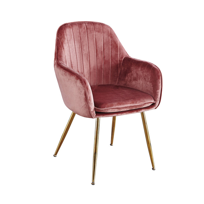 Lara Dining Chair Vintage Pink With Gold Legs (Pack of 2) LPD LARACHAPINK 5036464063232 Colour: Pink Dimensions: 845mm x 590mm x 570mm LPD Furniture's plush velvet Lara chair in Vintage Pink with gold effect legs create an opulent design perfect for pairing with our Capri table. The simple yet effective stitched design creates an exquisite, high end finish.