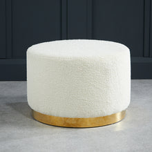 Load image into Gallery viewer, Lara Pouffe Ted Fabric Large LPD LARATEDLGE 5036464074474 Boucle Colour: White Dimensions: 400mm x 600mm x Boucle fabric pouffe sitting on top of a gold effect circular frame, is sure to become the piece to liven up your living space.