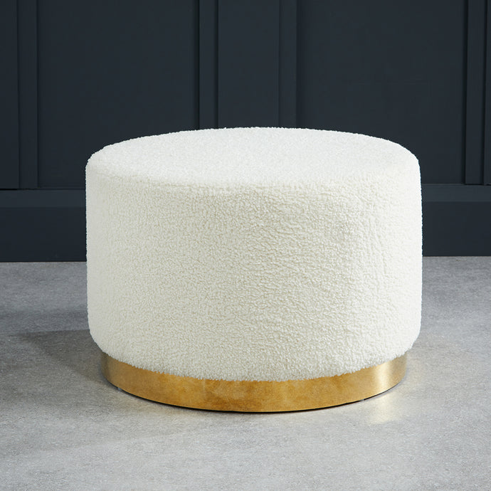 Lara Pouffe Ted Fabric Large LPD LARATEDLGE 5036464074474 Boucle Colour: White Dimensions: 400mm x 600mm x Boucle fabric pouffe sitting on top of a gold effect circular frame, is sure to become the piece to liven up your living space.