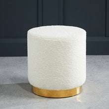 Load image into Gallery viewer, Lara Pouffe Ted Fabric Small LPD LARATEDSML 5036464074467 Boucle Colour: White Dimensions: 430mm x 405mm x Boucle fabric pouffe sitting on top of a gold effect circular frame, is sure to become the piece to liven up your living space.