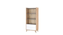 Load image into Gallery viewer, Mood MD-03 Bookcase 72cm Arte-N Mood MD-03 Add a touch of sophisticated style to your home with the beautifully crafted MD-03 bookcase. Finished in a gorgeous combination of colours, it will effortlessly blend in any modern or contemporary decor. Featuring two spacious shelves a pair of drawers for storage, it can be used to keep books, magazines, music boxes other knick-knacks neatly organized. W72cm x H157cm x D40cm Colour: Oak Castello White Grey Two Shelves Two Drawers Matching Furniture Available Made 