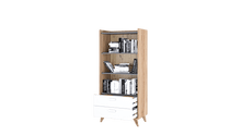 Load image into Gallery viewer, Mood MD-03 Bookcase 72cm Arte-N Mood MD-03 Add a touch of sophisticated style to your home with the beautifully crafted MD-03 bookcase. Finished in a gorgeous combination of colours, it will effortlessly blend in any modern or contemporary decor. Featuring two spacious shelves a pair of drawers for storage, it can be used to keep books, magazines, music boxes other knick-knacks neatly organized. W72cm x H157cm x D40cm Colour: Oak Castello White Grey Two Shelves Two Drawers Matching Furniture Available Made 