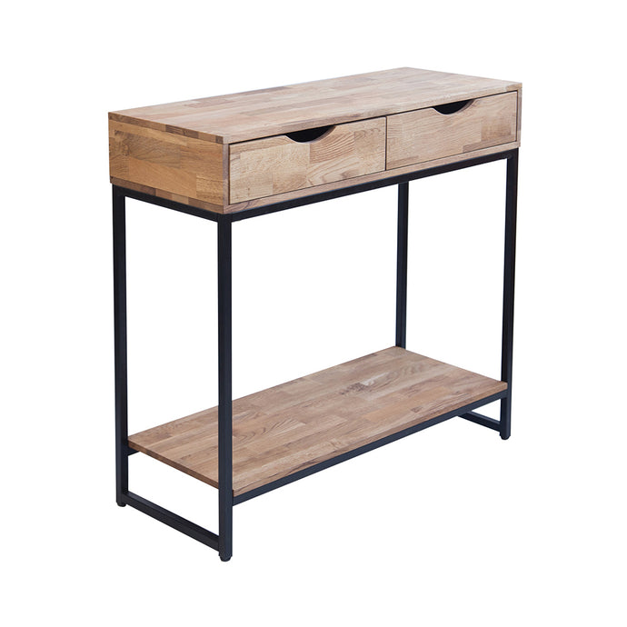 Mirelle Console Table Solid Oak Black Metal Frame LPD MIRCONSBLA 5036464063744 Solid Oak Colour: Black Dimensions: 850mm x 900mm x 350mm Give your living space a modern, urban feel with our new Mirelle occasional furniture. Solid oiled oak tops paired with metal frame in either classic black or voguish gold paint finish.