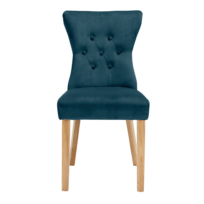 Naples Dining Chair Peacock Blue (Pack of 2) LPD NAPLESPEAC 5036464073774 Velvet Colour: Blue Dimensions: 920mm x 460mm x 630mm Velvet style fabric chair with solid ash legs. Available in six colours.