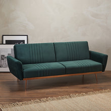 Load image into Gallery viewer, Nico Green Sofa Bed LPD NICOGREEN* 5036464072197 Colour: Green Dimensions: 850mm x 2100mm x 830mm Luxury at its finest, the Nico sofa is practical yet stylish. With eye-catching, beautiful cooper effect base and legs, the lavish velvet reflects against this to provide a plush comfy seating area. This is a great asset to have in your home as it is easy and ready to transfer into space for your guests to sleep!