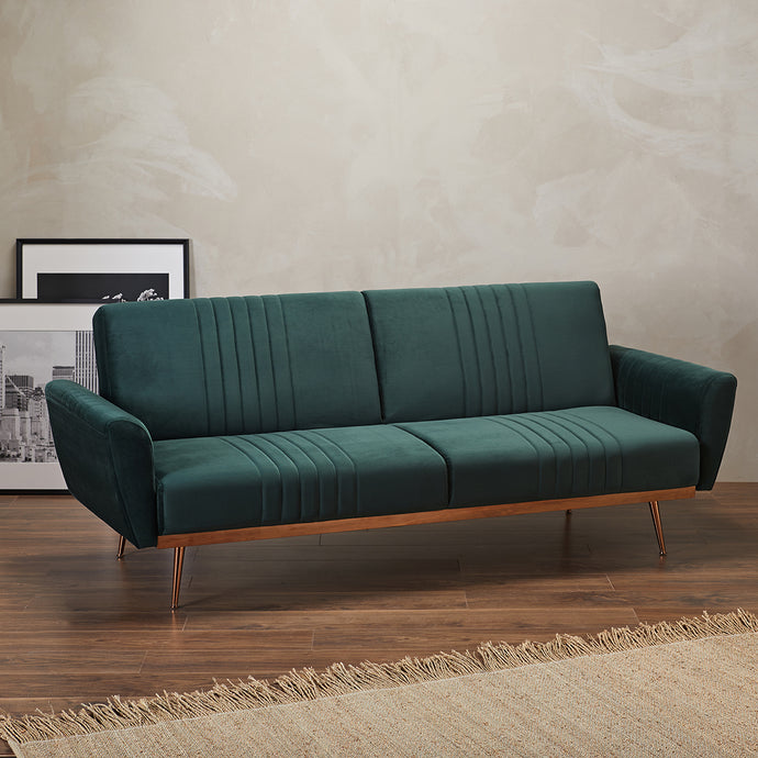 Nico Green Sofa Bed LPD NICOGREEN* 5036464072197 Colour: Green Dimensions: 850mm x 2100mm x 830mm Luxury at its finest, the Nico sofa is practical yet stylish. With eye-catching, beautiful cooper effect base and legs, the lavish velvet reflects against this to provide a plush comfy seating area. This is a great asset to have in your home as it is easy and ready to transfer into space for your guests to sleep!