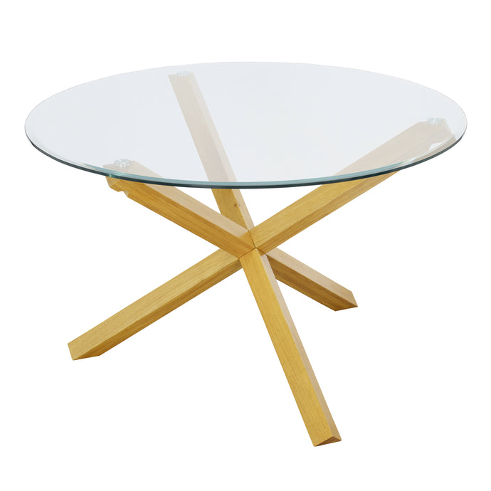 Oporto Dining Table Oak With Glass Top LPD OPORTO* 5036464022659 Solid Oak Colour: Oak Dimensions: 740mm x 1065mm x 1065mm This contemporary design formed from solid oak legs and a fixed glass top forms an interesting look. The quirky leg structure creates a focal point for your dining area.