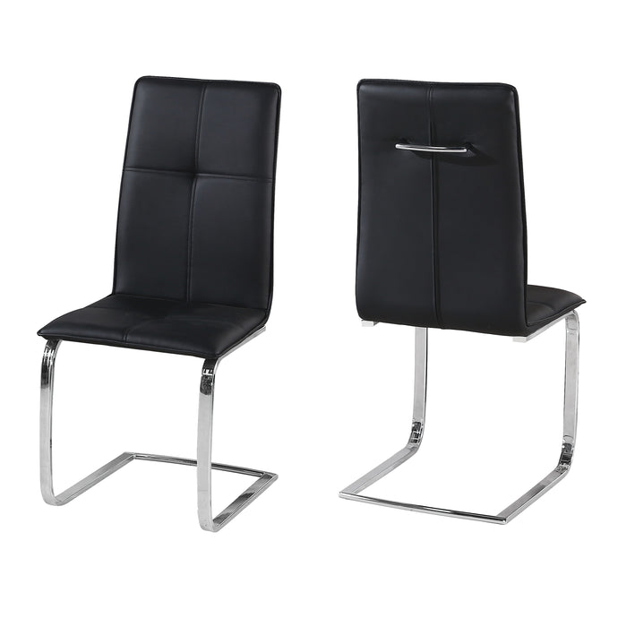Opus Chair Black (Pack of 2) LPD OPUSBLACK 5036464055367 Faux Leather Colour: Black Dimensions: 1000mm x 460mm x 540mm Cool and modern, the Opus Dining Chairs are ideal to team with Matrix or Milano dining tables. The cantilever sprung chrome legs and black leather effect, stitched panel detailing deliver a clean, luxurious finish to any kitchen or dining space. Sold in pairs, these chairs offer ingenuity and comfort, in an effortlessly contemporary style
