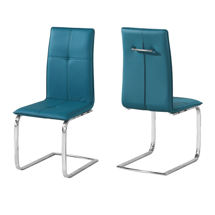 Opus Chair Teal (Pack of 2) LPD OPUSTEAL 5036464055374 Faux Leather Colour: Teal Dimensions: 1000mm x 460mm x 540mm Cool and modern, the Opus Dining Chairs are ideal to team with Matrix or Milano dining tables. The cantilever sprung chrome legs and retro teal leather effect, stitched panel detailing deliver a clean, luxurious finish to any kitchen or dining space. Sold in pairs, these chairs offer ingenuity and comfort, in an effortlessly contemporary style
