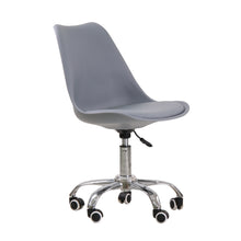 Load image into Gallery viewer, Orsen Swivel Office Chair Grey LPD ORSENGREY 5036464056807 Faux Leather Colour: Grey Dimensions: 960mm x 570mm x 560mm The Orsen Swivel is a modern home office chair in a vibrant style and a comfortable design. Finished in grey, the moulded chair will provide hours of comfort, and the upholstered seat area gives added support. 5 chrome legs with black castors and height adjustment handle finish this chair perfectly, ensuring you can move freely around your work space in comfort and style. 
