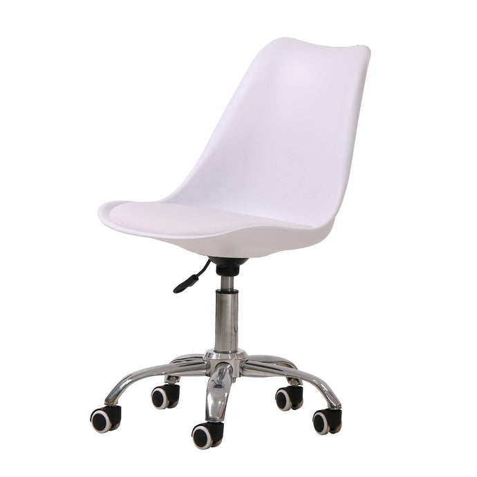 Orsen Swivel Office Chair White LPD ORSENWHITE 5036464056814 Faux Leather Colour: White Dimensions: 960mm x 570mm x 560mm The Orsen Swivel is a modern home office chair in a vibrant style and a comfortable design. Finished in white, the moulded chair will provide hours of comfort, and the upholstered seat area gives added support. 5 chrome legs with black castors and height adjustment handle finish this chair perfectly, ensuring you can move freely around your work space in comfort and style. 
