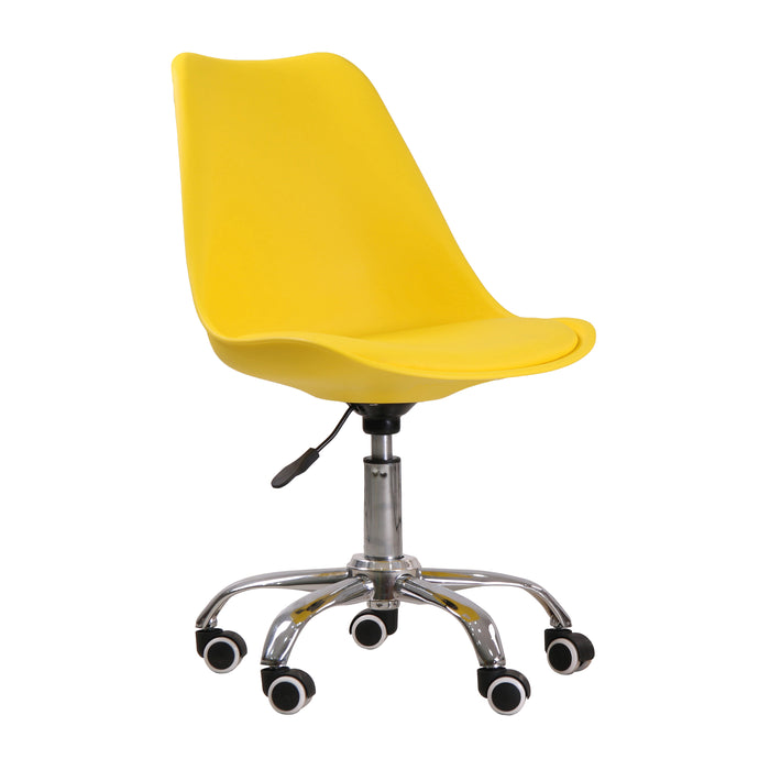 Orsen Swivel Office Chair Yellow LPD ORSENYELLOW 5036464056821 Faux Leather Colour: Yellow Dimensions: 960mm x 570mm x 560mm The Orsen Swivel is a modern home office chair in a vibrant style and a comfortable design. Finished in vibrant yellow, the moulded chair will provide hours of comfort, and the upholstered seat area gives added support. 5 chrome legs with black castors and height adjustment handle finish this chair perfectly, ensuring you can move freely around your work space in comfort and style. 
