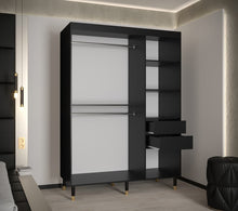 Load image into Gallery viewer, Avesta Sliding Door Wardrobe 150cm Arte-N CALIPSO WAVE MARM 150 B W150cm x H208cm x D62cm Colour: White Black Two Sliding Doors Two Hanging Rails Five Shelves Optional Drawers [Purchased Separately] Gold Plastic Hles Wooden Legs Edges PVC Finished MDF Milled Front Made from 16mm high-quality laminated board Assembly Required Weight: 131kg Estimated Direct Home Delivery Time: 4-5 Weeks
