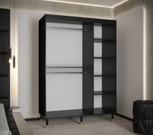 Load image into Gallery viewer, Avesta Sliding Door Wardrobe 150cm Arte-N CALIPSO WAVE MARM 150 B W150cm x H208cm x D62cm Colour: White Black Two Sliding Doors Two Hanging Rails Five Shelves Optional Drawers [Purchased Separately] Gold Plastic Hles Wooden Legs Edges PVC Finished MDF Milled Front Made from 16mm high-quality laminated board Assembly Required Weight: 131kg Estimated Direct Home Delivery Time: 4-5 Weeks