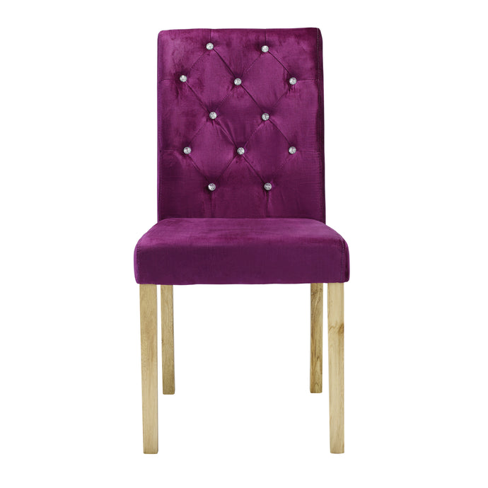 Paris Chair Purple Velvet (Pack of 2) LPD PARISCHAPUR 5036464024813 Velvet Colour: Plum Dimensions: 950mm x 450mm x 590mm A contemporary velvet finish in purple creates a modern chair design. The quilted effect back formed with crystal buttons emphasises the modern charisma this chair can bring to your dining area.