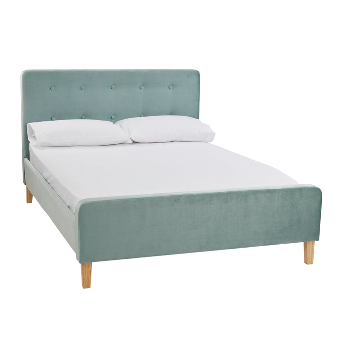 Pierre 4.6 Double Bed Aqua LPD PIERRE4.6* 5036464058665 Crushed Velvet Colour: Aqua Dimensions: 1040mm x 1445mm x 2085mm The Pierre Double Bed is a simple yet stylish soft, velvet aqua upholstered bed with contrasting light wooden legs and a classic button detail to the headboard. Elegantly clad in the same aqua upholstery as the headboard, the frame and footboard is inviting and sumptuous. Characterising a relaxing and calm environment, this bed is delicious in its design and will make any bedroom into a s