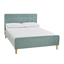 Load image into Gallery viewer, Pierre 5.0 Kingsize Bed Aqua LPD PIERRE5.0* 5036464058672 Crushed Velvet Colour: Aqua Dimensions: 1040mm x 1605mm x 2170mm The Pierre King Size Bed is a simple yet stylish soft, velvet aqua upholstered bed with contrasting light wooden legs and a classic button detail to the headboard. Elegantly clad in the same aqua upholstery as the headboard, the frame and footboard is inviting and sumptuous. Characterising a relaxing and calm environment, this bed is delicious in its design and will make any bedroom int